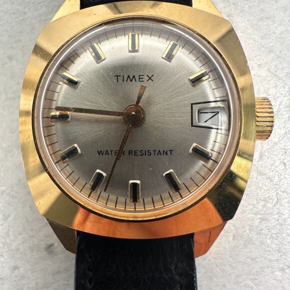 VTG Timex Watch Womens 25mm Manual Wind Date Gold Tone Black Band Working - Picture 7 of 13